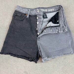 Womens Denim Booty Shorts Size 3/26 Black & Gray Color Block Button Fly Raw Hem